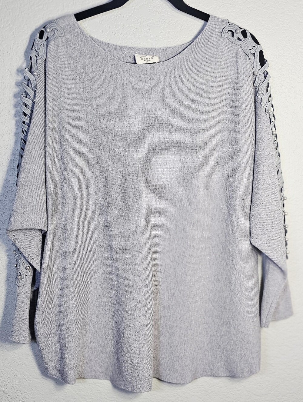 Ember 2X Gray Pearl Embellished Open Sleeve Knit Top Plus Size